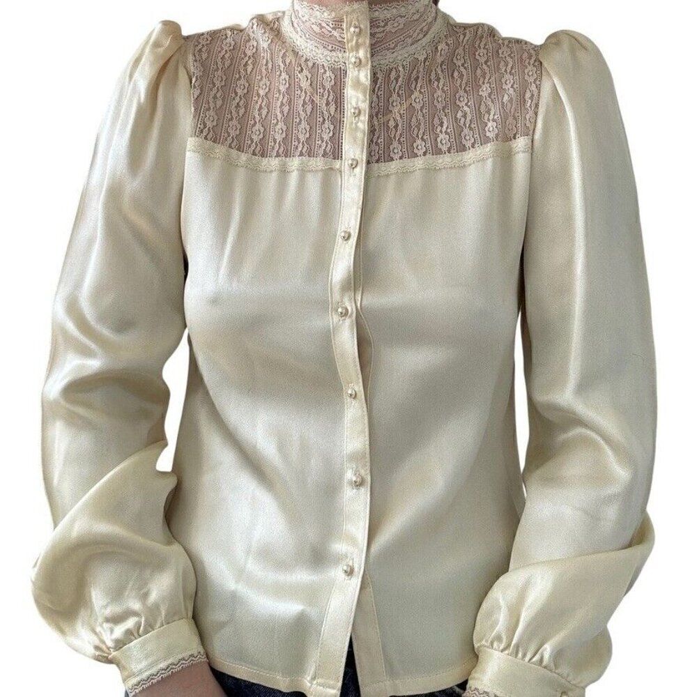 Vintage 1970s Gunne Sax Ivory Cream Satin Romantic Cottagecore Blouse Sz S - Picture 6 of 10